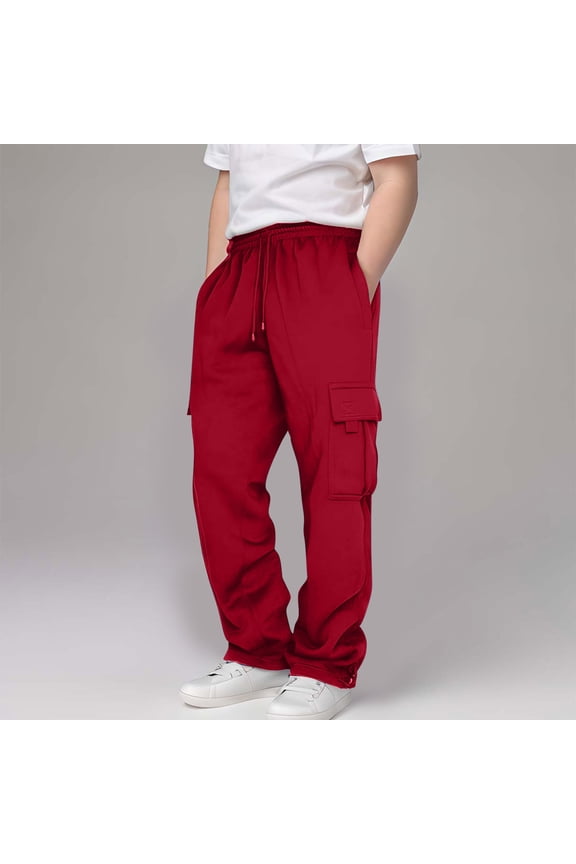 Boys Cargo Sweatpants with Pockets- Casual Baggy Drawstring Wide Leg Pants Red Size 6