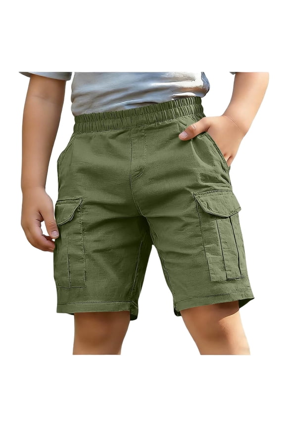 Boys Cotton Linen Cargo Shorts- Summer Baggy Casual Elastic Waist Kids Hiking Shorts Army Green Size 8