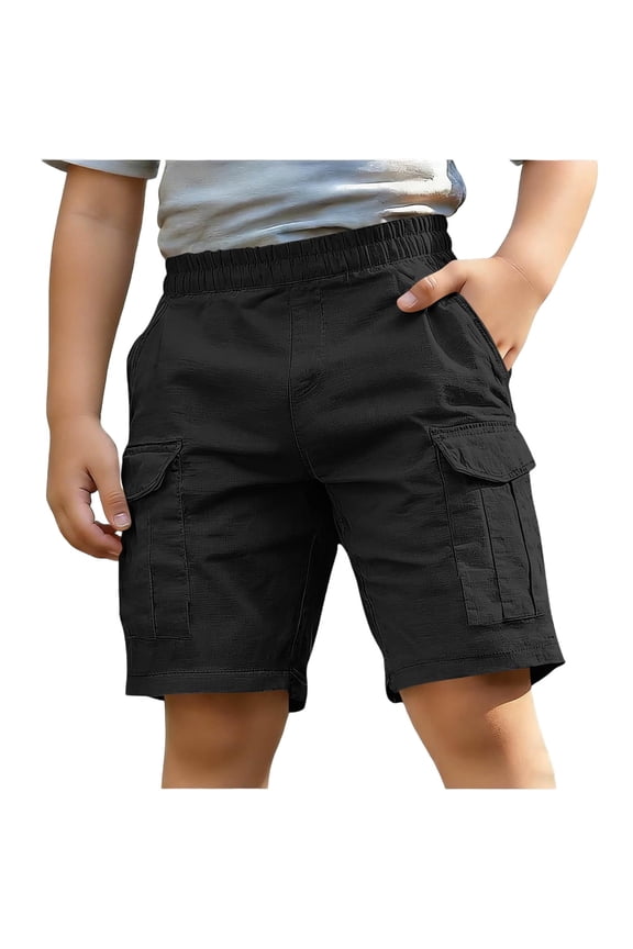 Boys Cotton Linen Cargo Shorts- Summer Casual Elastic Waist Baggy Kids Hiking Shorts Black Size 4-12