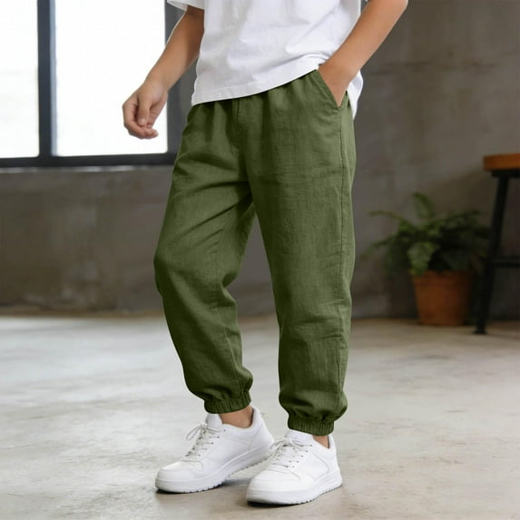 ZOYOEN Boys Cotton Linen Pants with Pockets- Casual Lightweight Straight Leg Elastic Waist Summer Beach Pants Army Green Size 8