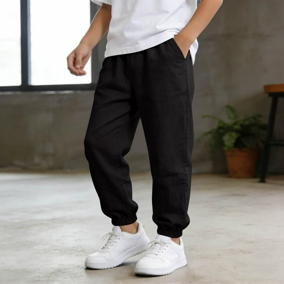 ZOYOEN Boys Cotton Linen Pants with Pockets- Elastic Waist Lightweight Straight Leg Casual Summer Beach Pants Black Size 5