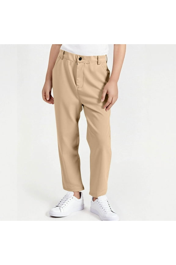Boys Dress Pants with Pockets- Pull On Casual Cotton Straight Leg Kids School Uniform Chino Pants Khaki Size 4-16 Years
