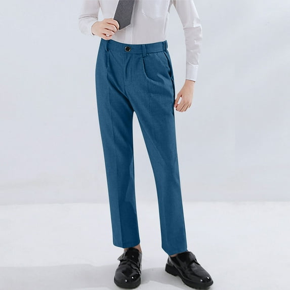 ZOYOEN Boys Dress Pants with Pockets- Pull On Mid Waist Straight Leg Formal Pants Blue Size 6