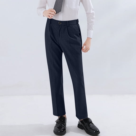ZOYOEN Boys Dress Pants with Pockets- Pull On Straight Leg Mid Waist Formal Pants Navy Size 5T