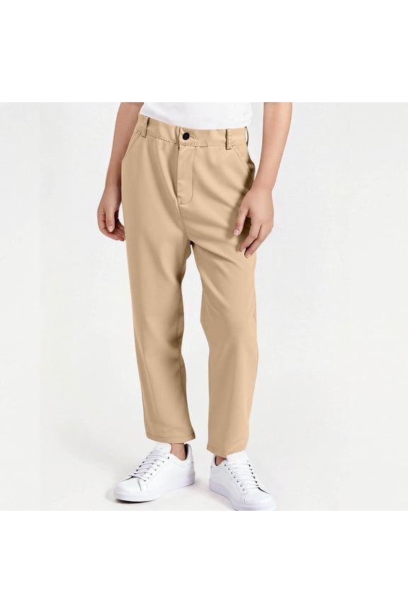 Boys Dress Pants with Pockets- Straight Leg Cotton Pull On Casual Kids School Uniform Chino Pants Khaki Size 14 Years