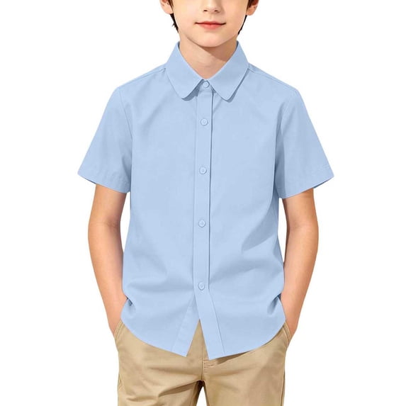 ZOYOEN Boys Dress Shirts with Collar- Summer Regular Fit Short Sleeve Button Down Kids Cotton Shirts Blue Size 5 T