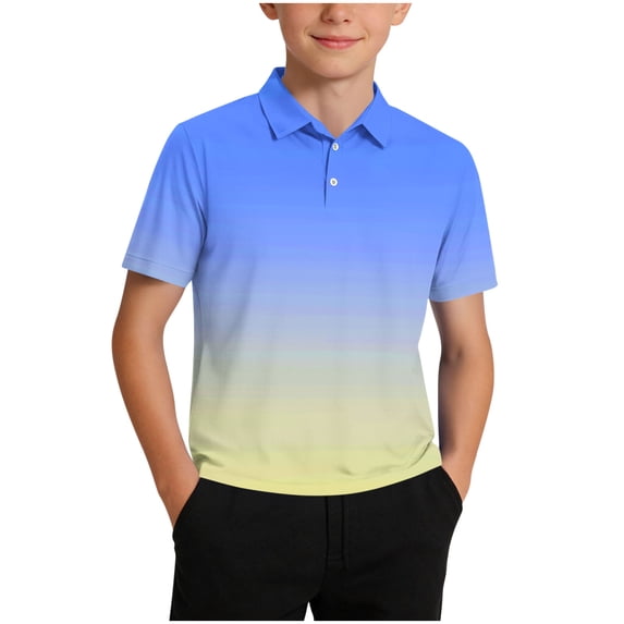 ZOYOEN Boys Gradient Polo Shirts- Breathable Summer Fashion Short Sleeve Kids Performance Shirts Light Blue Size 5-14