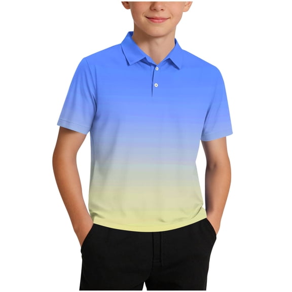 ZOYOEN Boys Gradient Polo Shirts- Breathable Summer Fashion Short Sleeve Kids Performance Shirts Light Blue Size 5-14