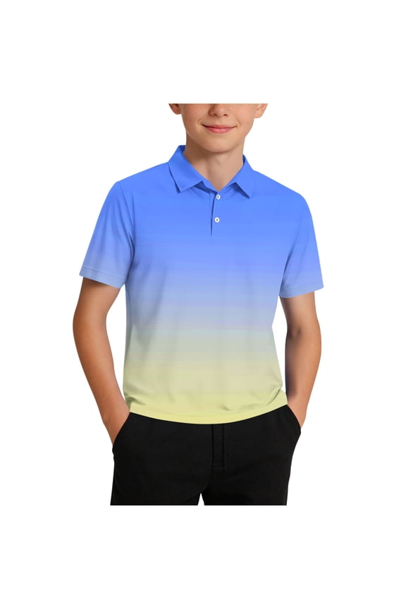 Boys Gradient Polo Shirts- Breathable Summer Fashion Short Sleeve Kids Performance Shirts Light Blue Size 5-14