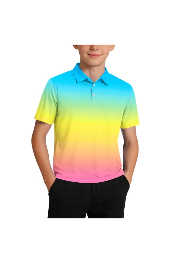 Boys Gradient Polo Shirts- Short Sleeve Breathable Summer Fashion Kids Performance Shirts Blue Size 10