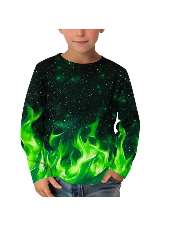 Boys Graphic T Shirts- Crewneck Casual Soft Long Sleeve Kids Fashion Tops Green Size 9-10 Years
