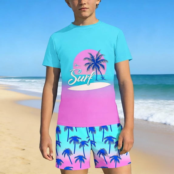ZOYOEN Boys Rash Guard Swimsuits 2 Piece- Quick Dry Short Sleeve Kids Swim Trunks Swimwear Set Multicolor Size 7-8Years