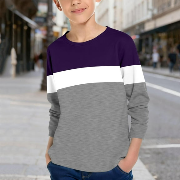 ZOYOEN Boys Striped T Shirts- Casual Long Sleeve Crewneck Fashion Kids Basic Tees Purple Size 14