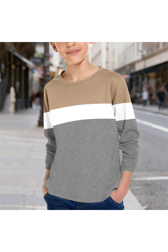 Boys Striped T Shirts- Fashion Casual Long Sleeve Crewneck Kids Basic Tees Khaki Size 4-14
