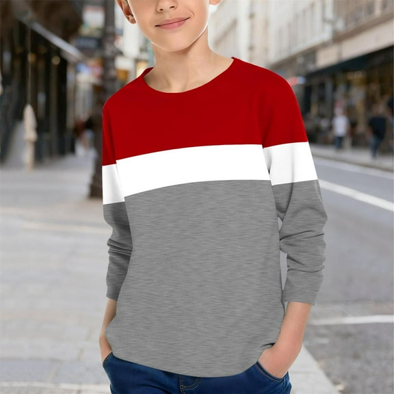 ZOYOEN Boys Striped T Shirts- Long Sleeve Casual Crewneck Fashion Kids Basic Tees Red Size 10