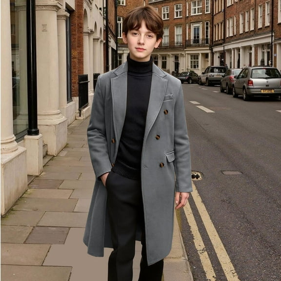 ZOYOEN Boys Trench Coats with Pockets- Formal Long Jacket Casual Lapel Double Breasted Pea Coat Gray Size 8 Years