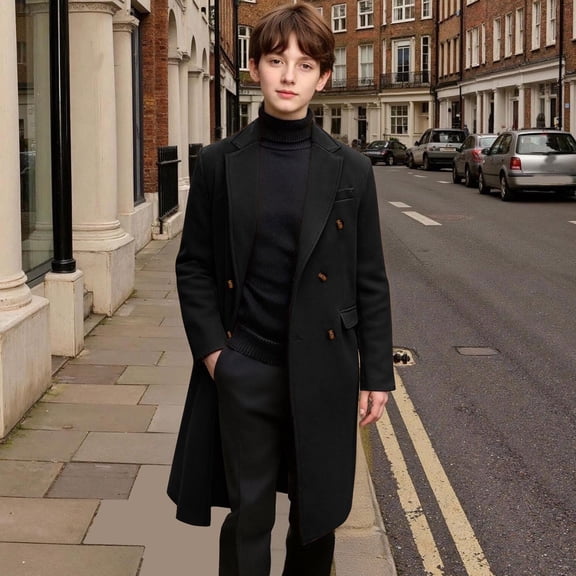 ZOYOEN Boys Trench Coats with Pockets- Formal Long Jacket Double Breasted Lapel Casual Pea Coat Black Size 14 Years