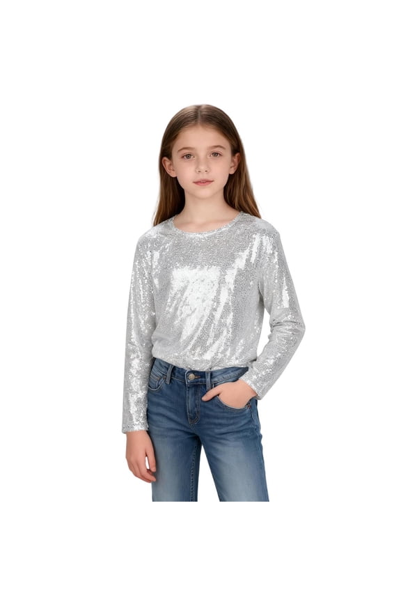 Girl Sequins Shirts- Cute Long Sleeve Crewneck Soft Lined Party Tops Silver Size 14