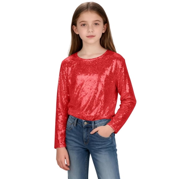 ZOYOEN Girl Sequins Shirts- Long Sleeve Crewneck Cute Soft Lined Party Tops Red Size 14