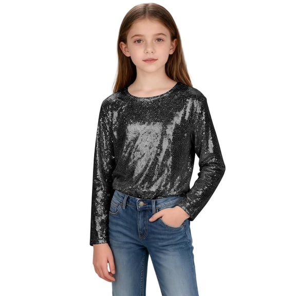 ZOYOEN Girl Sequins Shirts- Soft Lined Cute Crewneck Long Sleeve Party Tops Black Size 12