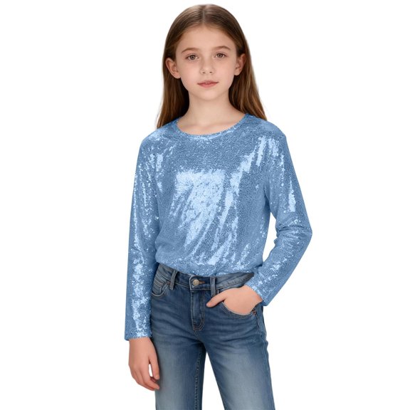 ZOYOEN Girl Sequins Shirts- Soft Lined Long Sleeve Crewneck Cute Party Tops Blue Size 5