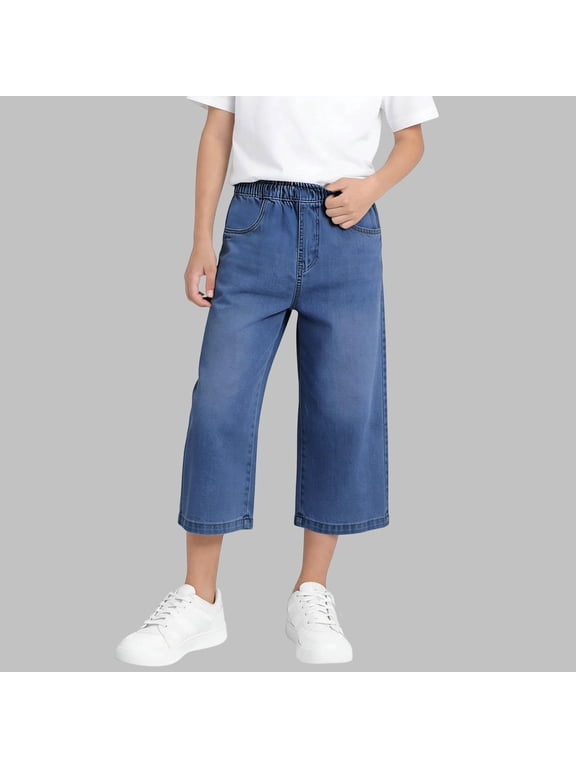 Girls Capri Jeans with Pockets- Elastic Waist Casual Baggy Wide Leg Kids Cropped Denim Pants Blue Size 10-12 Years