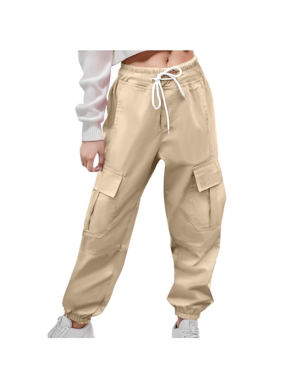 Girls Cargo Pants- Cotton Casual Fashion Drawstring Kids Jogger Pants Khaki Size 12