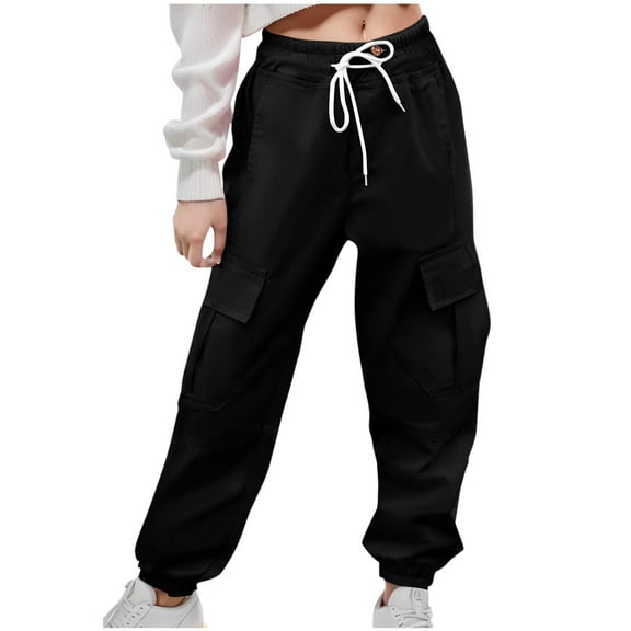 ZOYOEN Girls Cargo Pants- Fashion Drawstring Cotton Casual Kids Jogger Pants Black Size 10