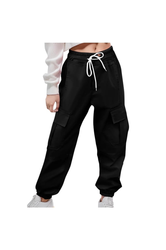 Girls Cargo Pants- Fashion Drawstring Cotton Casual Kids Jogger Pants Black Size 10