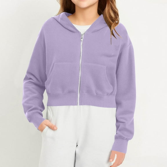 ZOYOEN Girls Cropped Hoodies- Zip Up Casual Trendy Long Sleeve Kids Fall Sweatshirt Purple Size 6-14