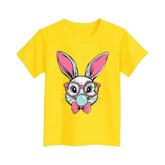 ZOYOEN Girls Easter T Shirts Rabbit Print- Cute Crewneck Short Sleeve Soft Kids Clothes Yellow Size 14 T