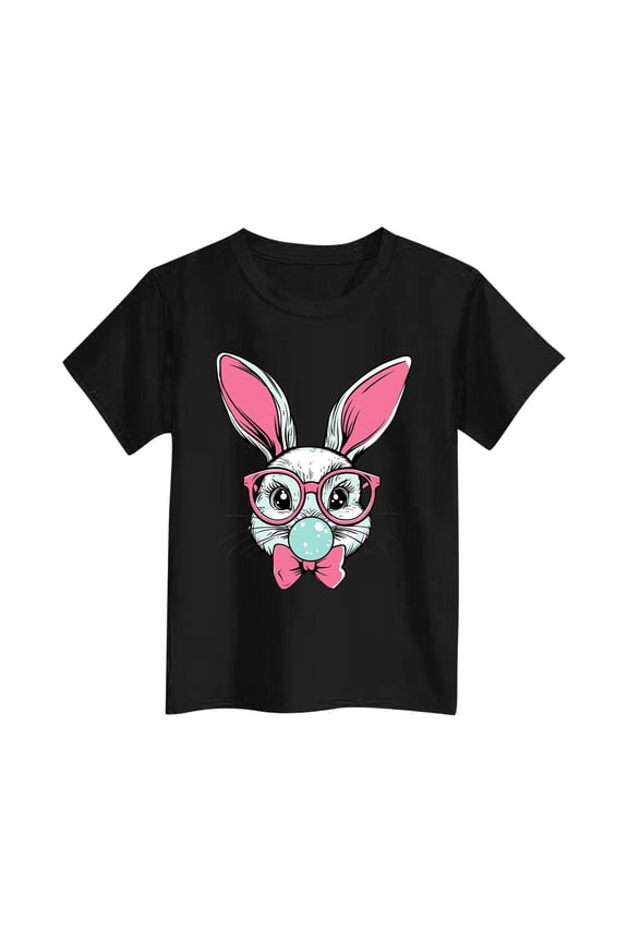 Girls Easter T Shirts Rabbit Print- Soft Crewneck Short Sleeve Cute Kids Clothes Black Size 2-14 T
