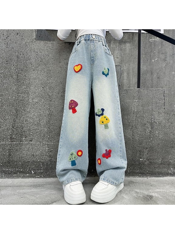 Girls Embroidered Jeans- Elastic Waist Casual Cute Denim Pants with Pockets Blue Size 4-14