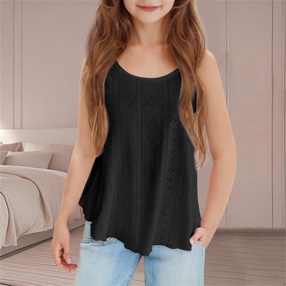 ZOYOEN Girls Eyelet Tank Tops- Crewneck Sleeveless Casual Soft Kids Summer Shirts Tops Black Size 12
