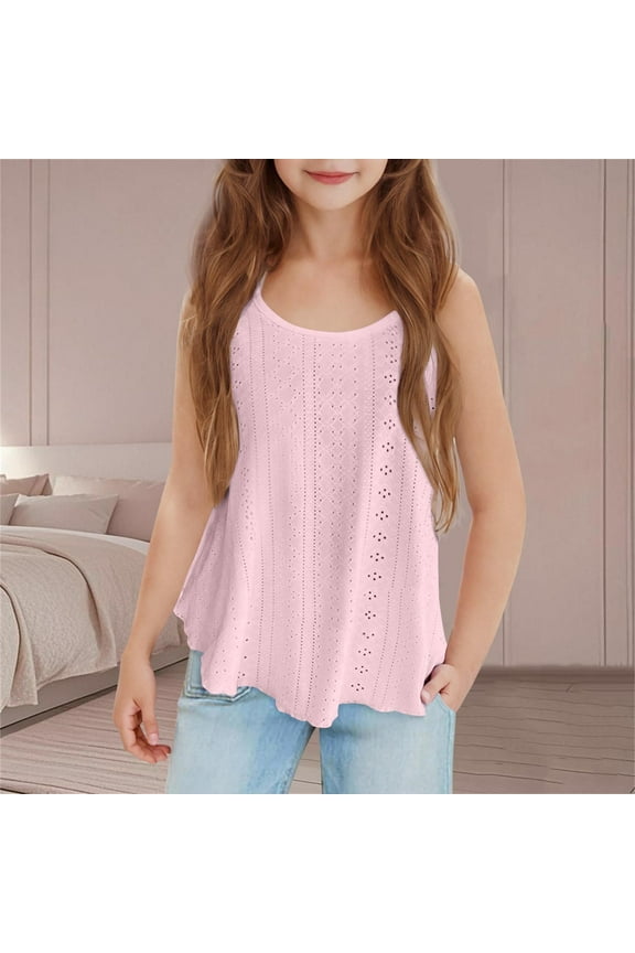 Girls Eyelet Tank Tops- Soft Casual Sleeveless Crewneck Kids Summer Shirts Tops Pink Size 5 T