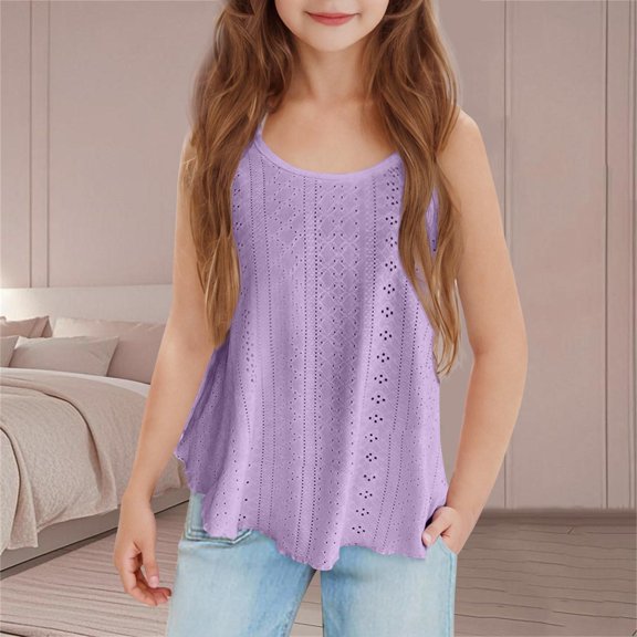 ZOYOEN Girls Eyelet Tank Tops- Soft Casual Sleeveless Crewneck Kids Summer Shirts Tops Purple Size 8