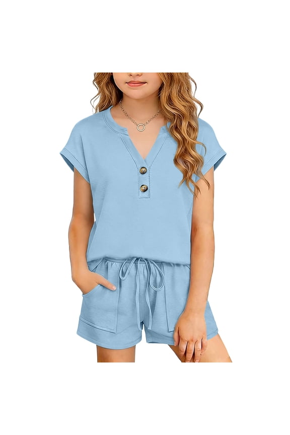 Girls Fashion Outfit Sets- Loose Fit Soft Casual Short Sleeve Kids Summer Clothes Blue Size 12