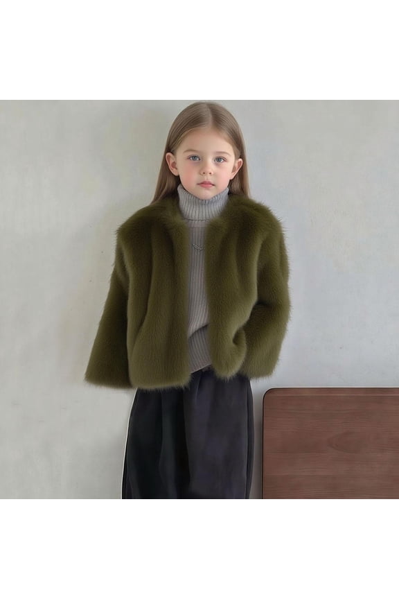 Girls Faux Fur Coat- Open Front Elegant Warm Casual Kids Winter Coat Army Green Size 6