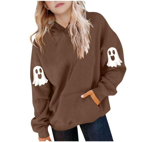 ZOYOEN Girls Halloween Ghost Hoodie- Cute Pullover Long Sleeve Funny Kids Sweatshirt Coffee Size 5