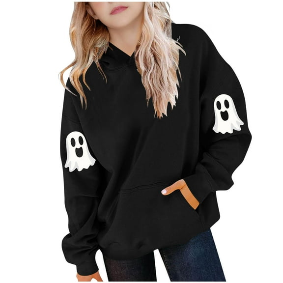 ZOYOEN Girls Halloween Ghost Hoodie- Long Sleeve Pullover Cute Funny Kids Sweatshirt Black Size 12