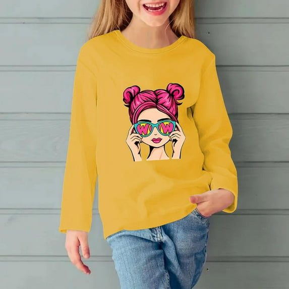 ZOYOEN Girls Long Sleeve T Shirts- Casual Fashion Crewneck Kids Graphic Tops Yellow Size 5-6T