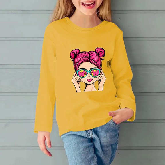 ZOYOEN Girls Long Sleeve T Shirts- Casual Fashion Crewneck Kids Graphic Tops Yellow Size 5-6T