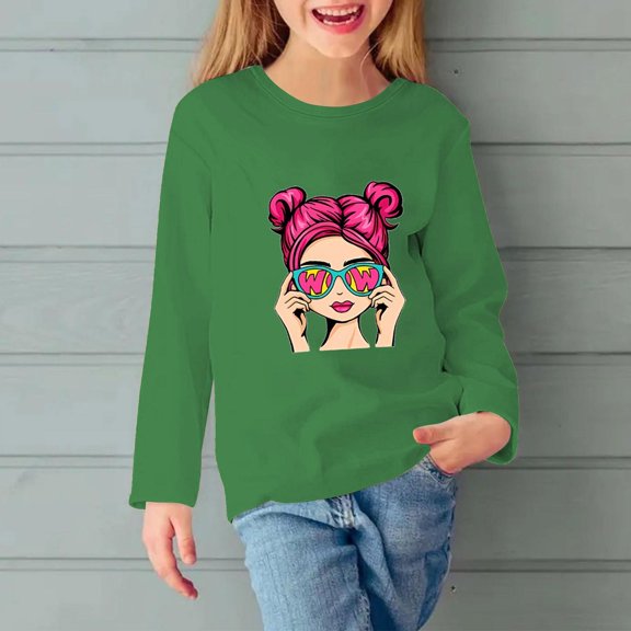 ZOYOEN Girls Long Sleeve T Shirts- Fashion Casual Crewneck Kids Graphic Tops Green Size 7-8T