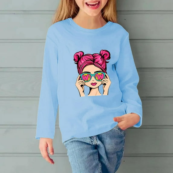 ZOYOEN Girls Long Sleeve T Shirts- Fashion Casual Crewneck Kids Graphic Tops Light Blue Size 9-10T