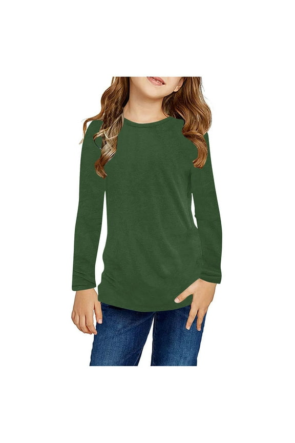 Girls Long Sleeve T Shirts- Soft Crewneck Casual Kids Fall Tops Army Green Size 11-12 Years