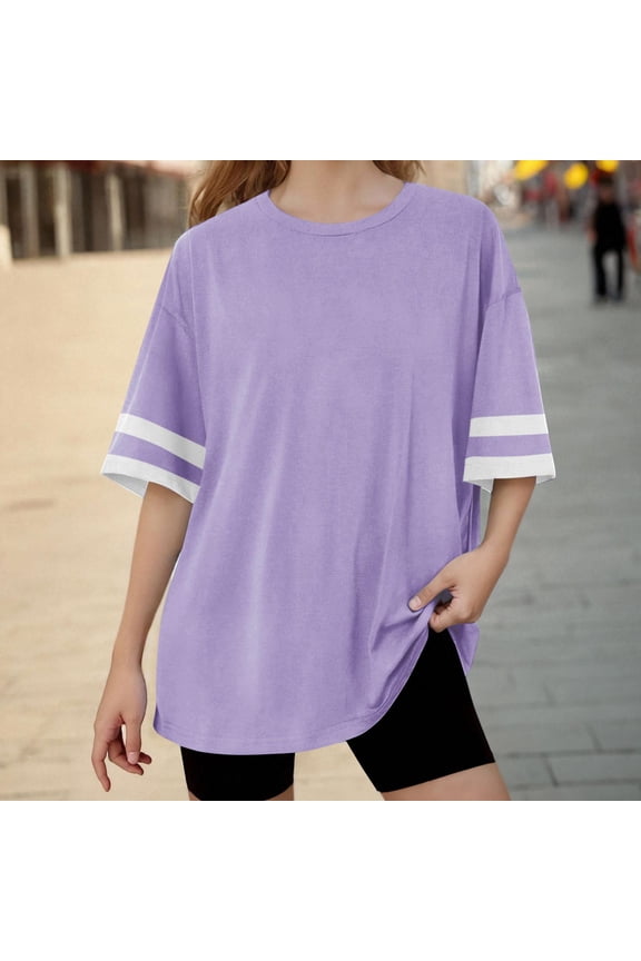 Girls Oversized T Shirts- Fashion Soft Casual Short Sleeve Color Block Kids Summer Tops Tees Purple Size 10
