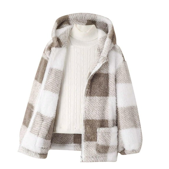 ZOYOEN Girls Plaid Fleece Jacket with Hood- Long Sleeve Warm Fashion Casual Winter Coats Brown Size 12 Years