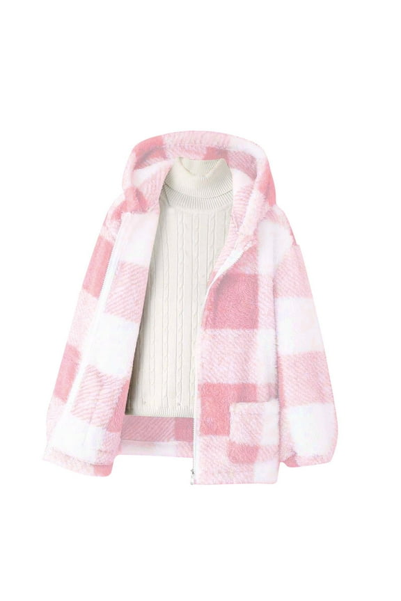 Girls Plaid Fleece Jacket with Hood- Warm Casual Fashion Long Sleeve Winter Coats Pink Size 8-14 Years