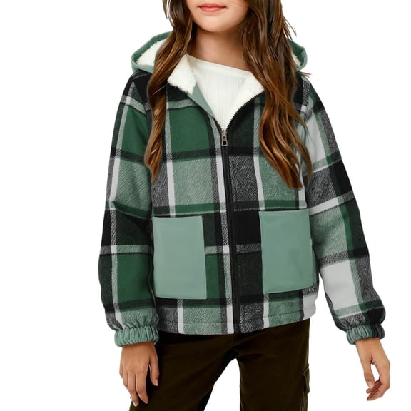 ZOYOEN Girls Plaid Fleece Jackets with Hood- Loose Fit Full Zip Warm Casual Kids Winter Coat Green Size 14 Years