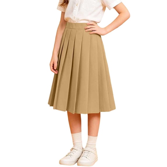 ZOYOEN Girls Pleated Midi Skirts- High Waist Cotton Flowy Casual Kids School Uniforms Khaki Size4-16